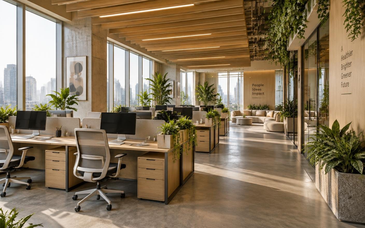 3D concept of a biophilic open-plan office with greenery and timber ceiling baffles