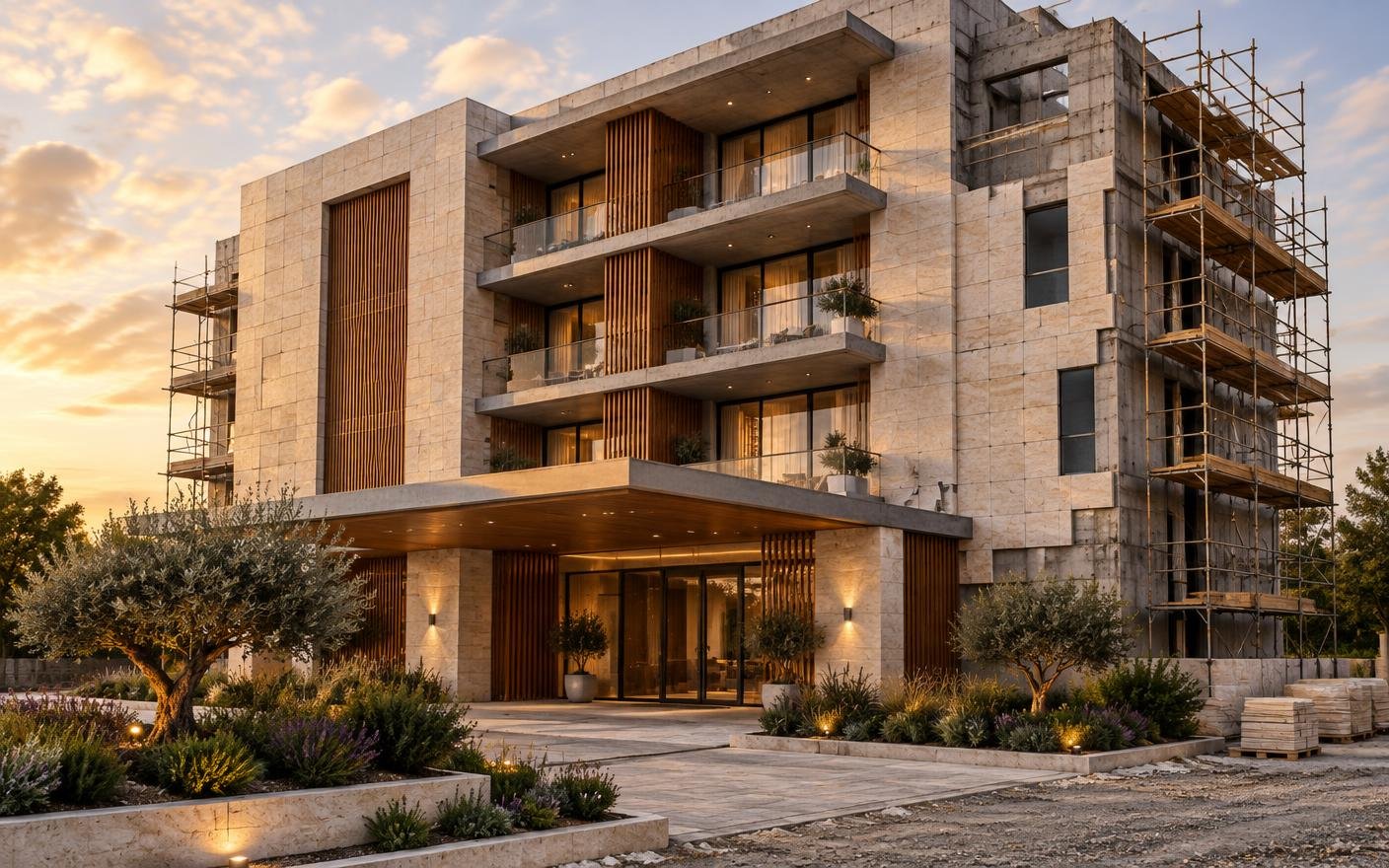 Concept visualization of a boutique hotel facade under construction with stone cladding and timber screens