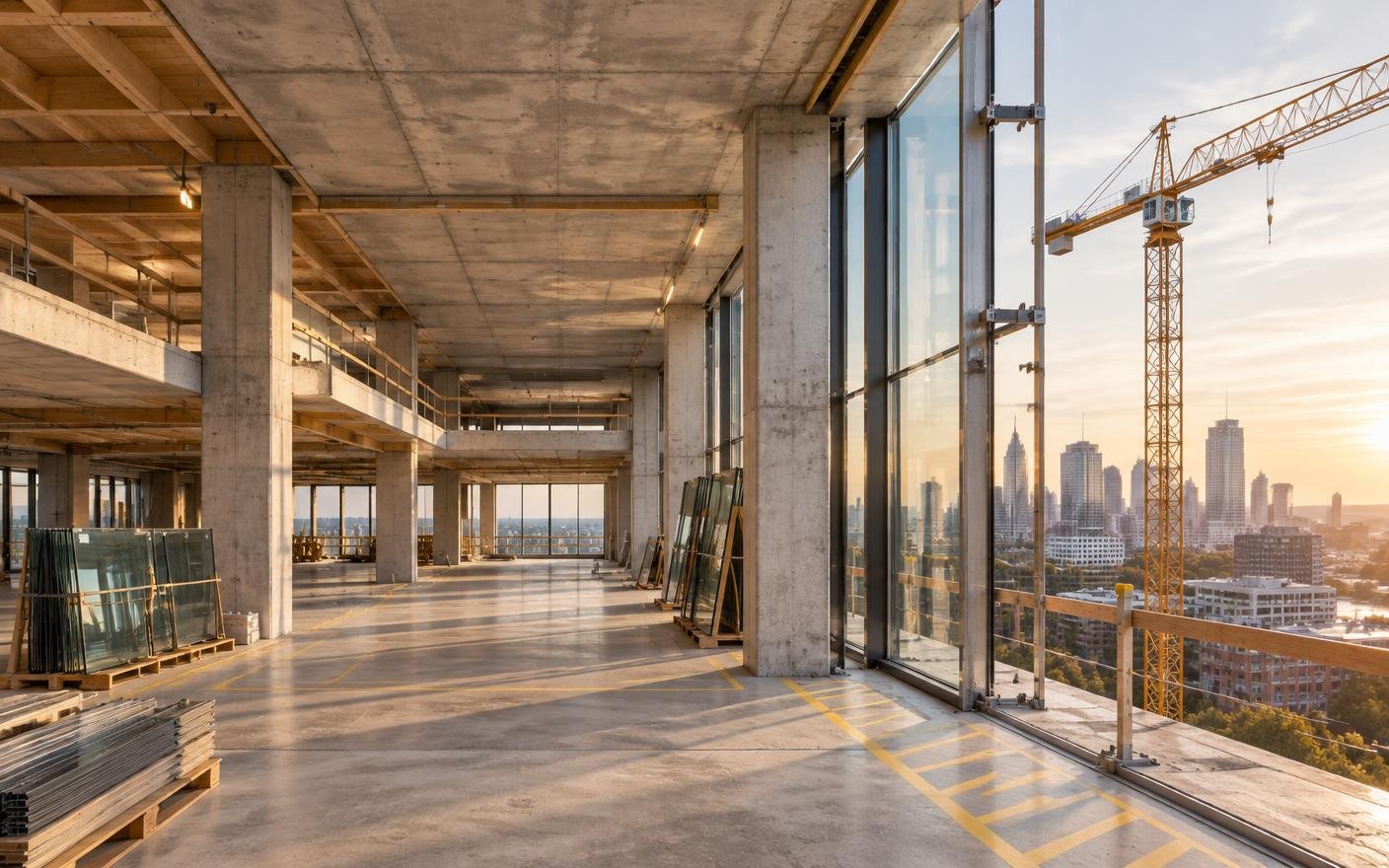 Concept visualization of a corporate office building shell under construction with glazing partly installed