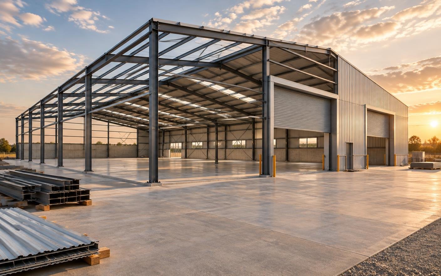 Concept visualization of a logistics warehouse steel frame under construction over a concrete slab