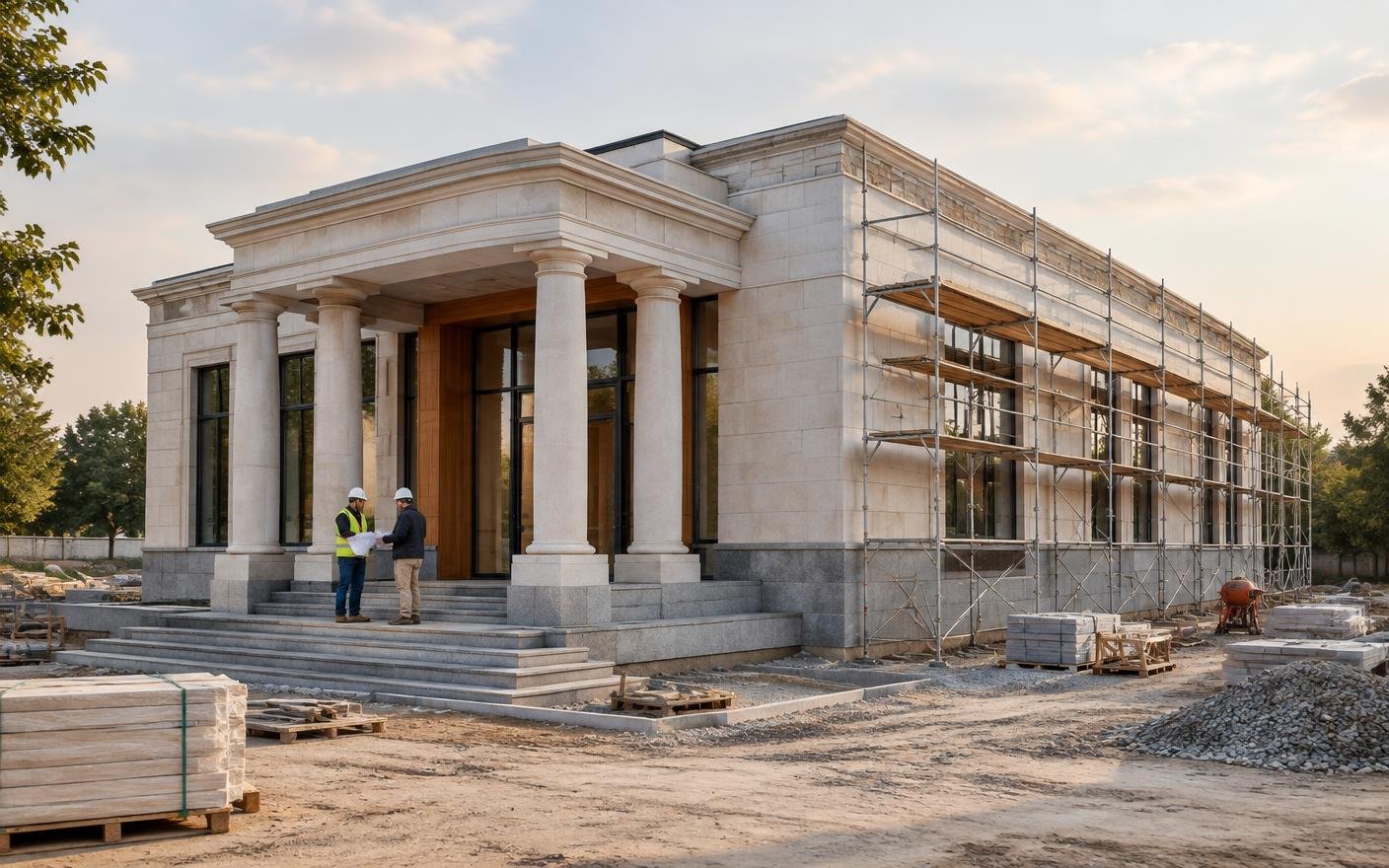 Bank branch building under construction with stone cladding and entrance steps