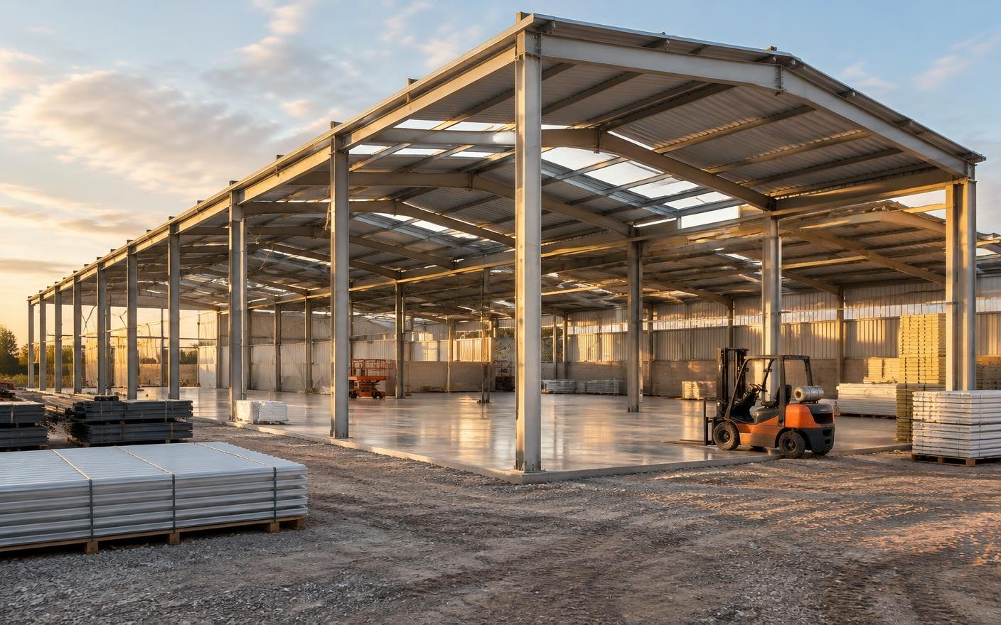 Steel frame industrial warehouse under construction