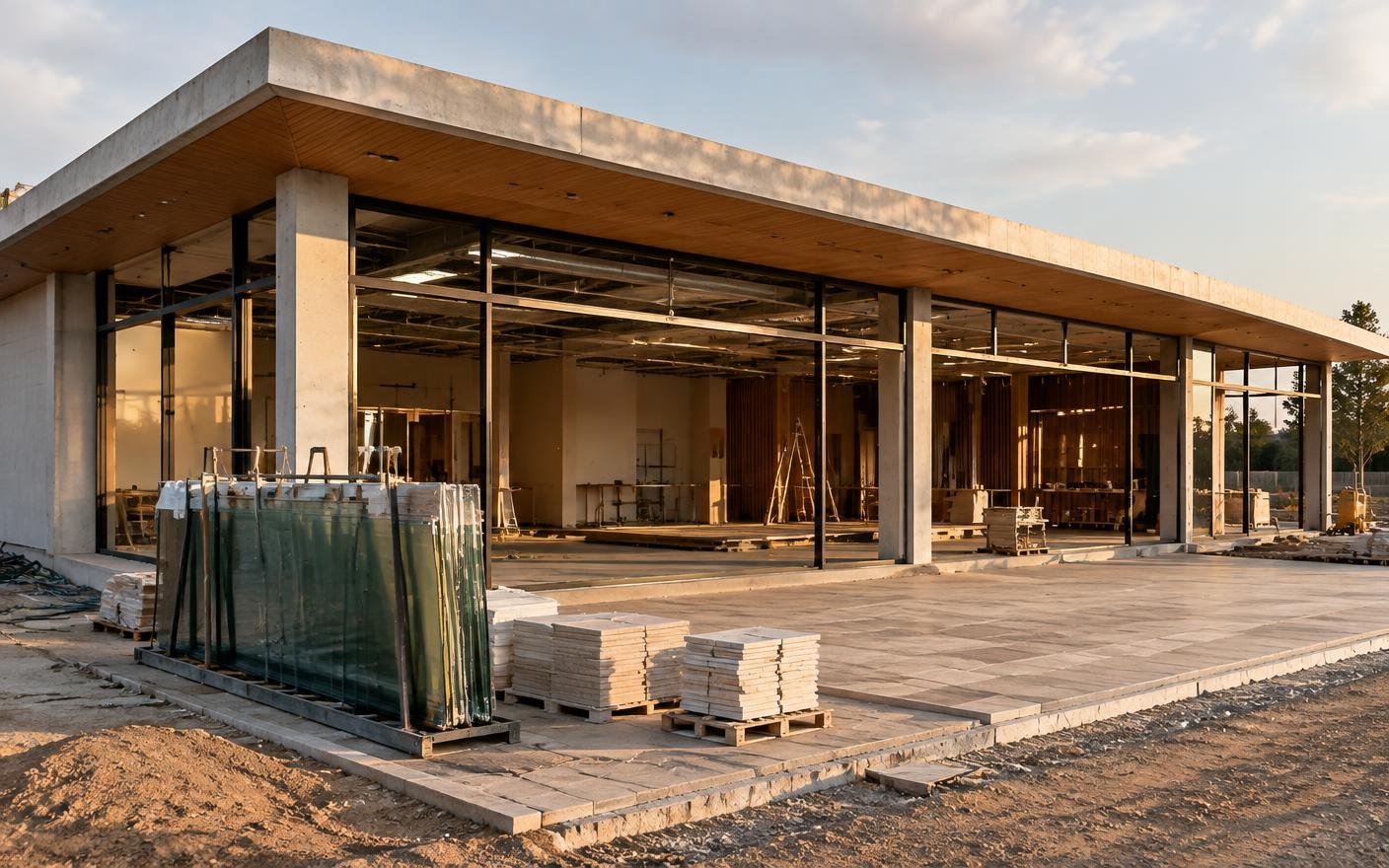Retail showroom building under construction with storefront framing
