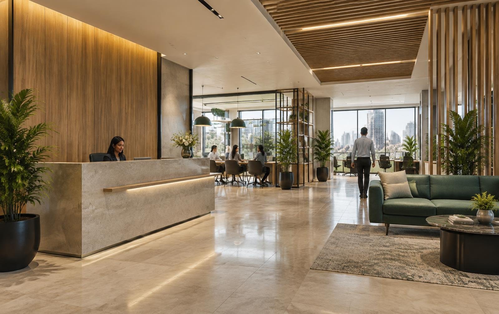 Commercial interior concept with timber finishes and lounge seating
