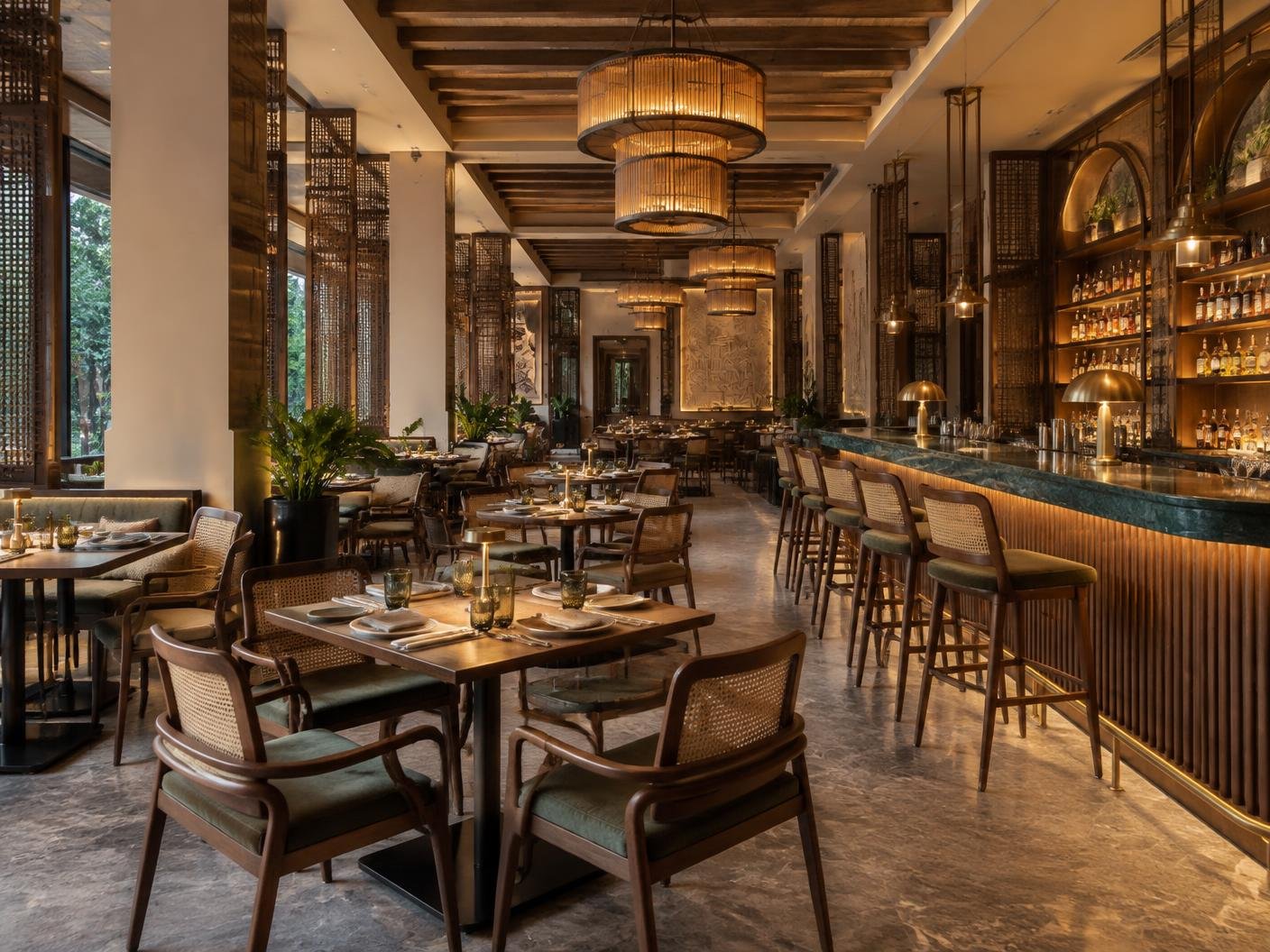 Hospitality dining interior with bespoke bar joinery