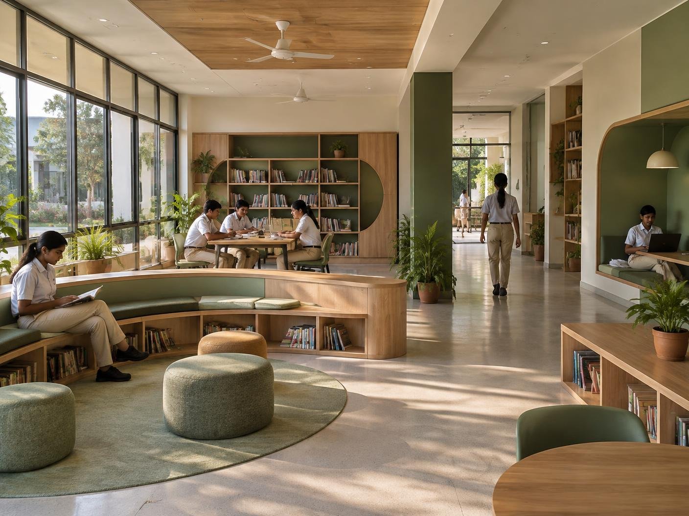 Daylit institutional learning space with fixed furniture