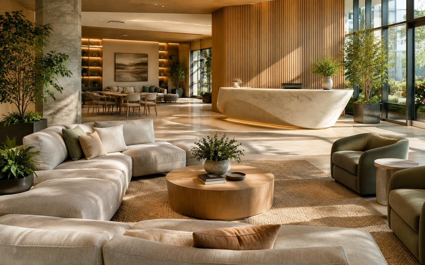 Commercial building lobby lounge with modular sofas, an oak coffee table and a sculptural reception desk