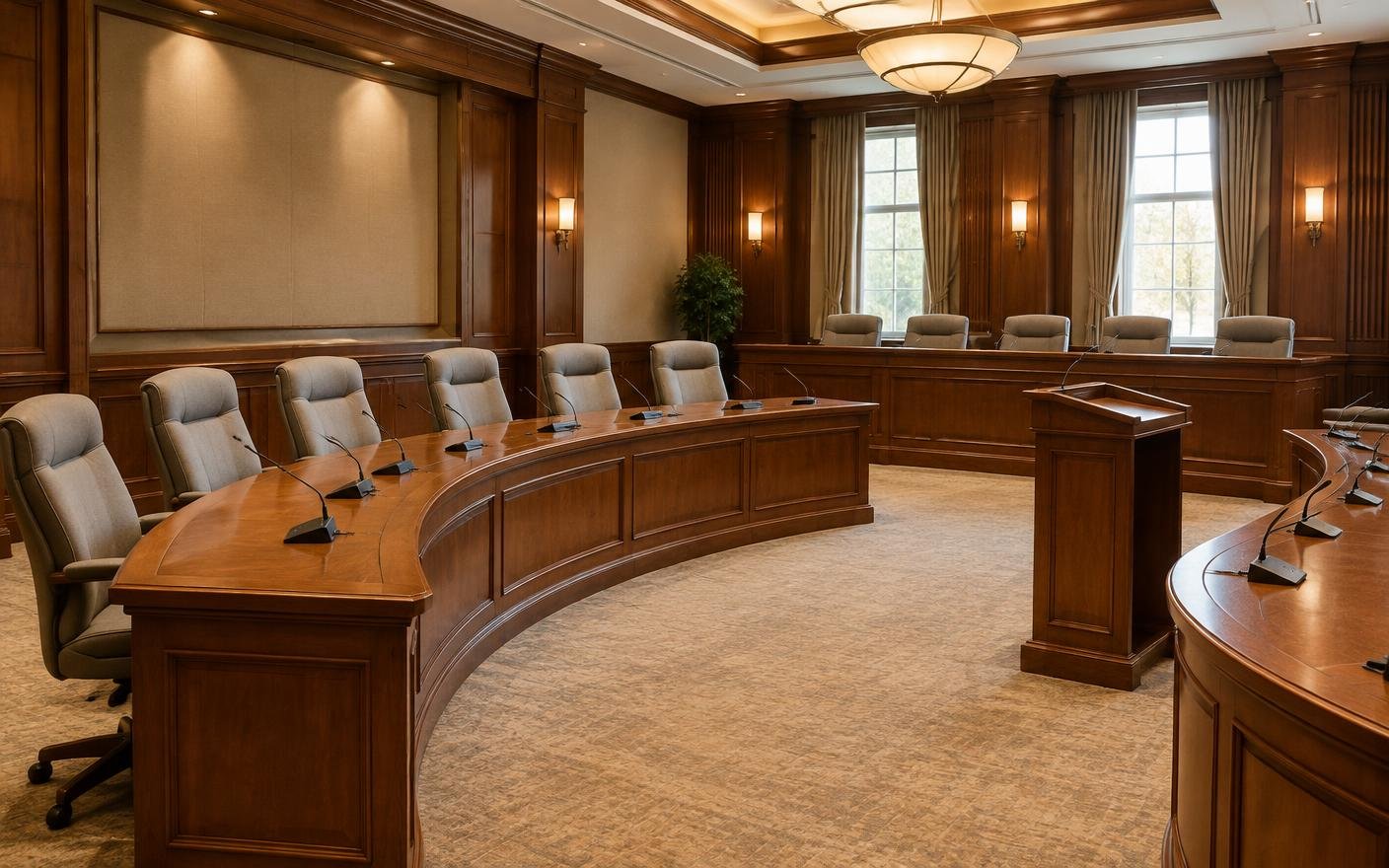 Government council chamber with curved teak desks, high-back chairs and a podium