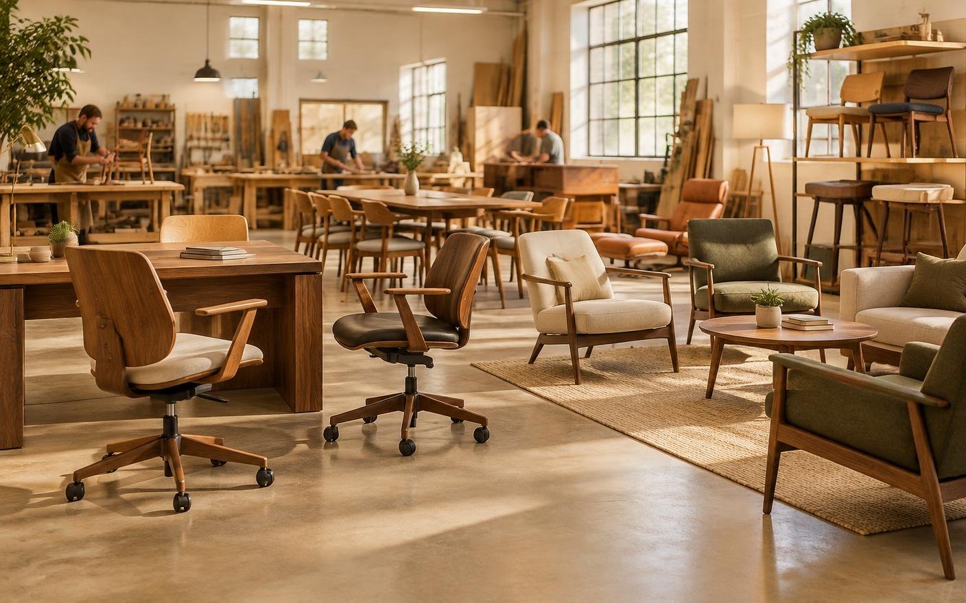 Furniture workshop concept with chairs, desks and lounge seating