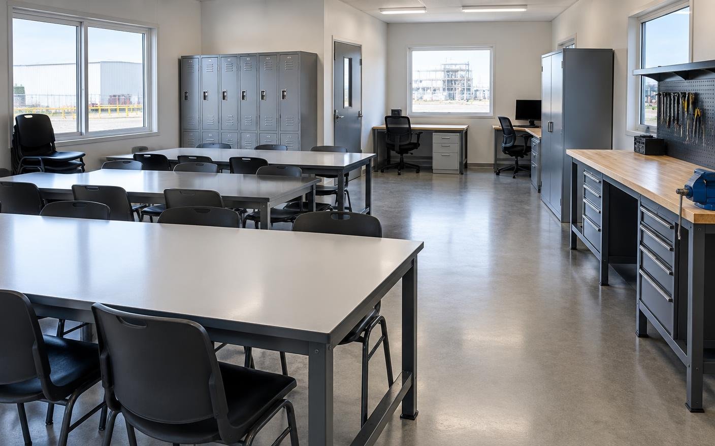 Industrial staff canteen and site office with steel tables, lockers and workbenches