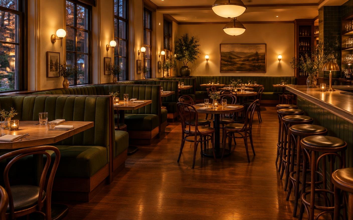 Restaurant dining room with green upholstered banquettes, oak tables and bar stools