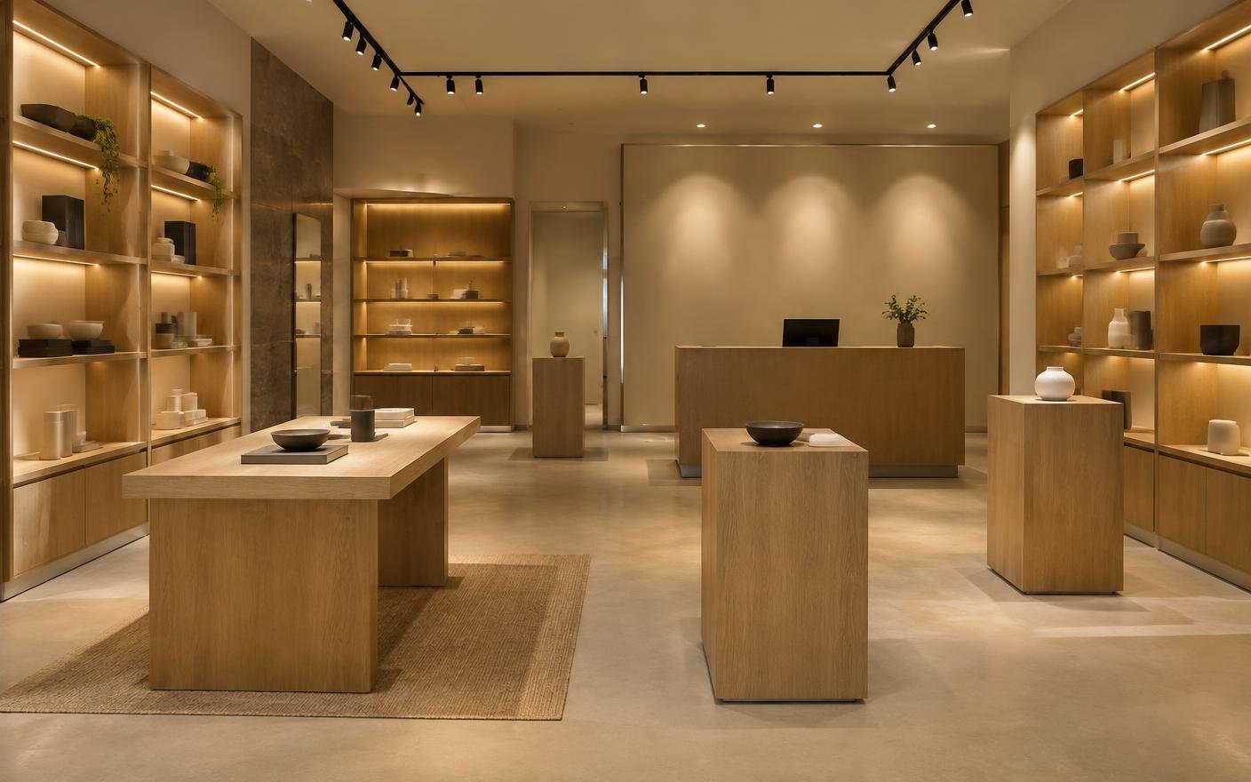 Retail showroom with oak display tables, backlit shelving and a cash counter