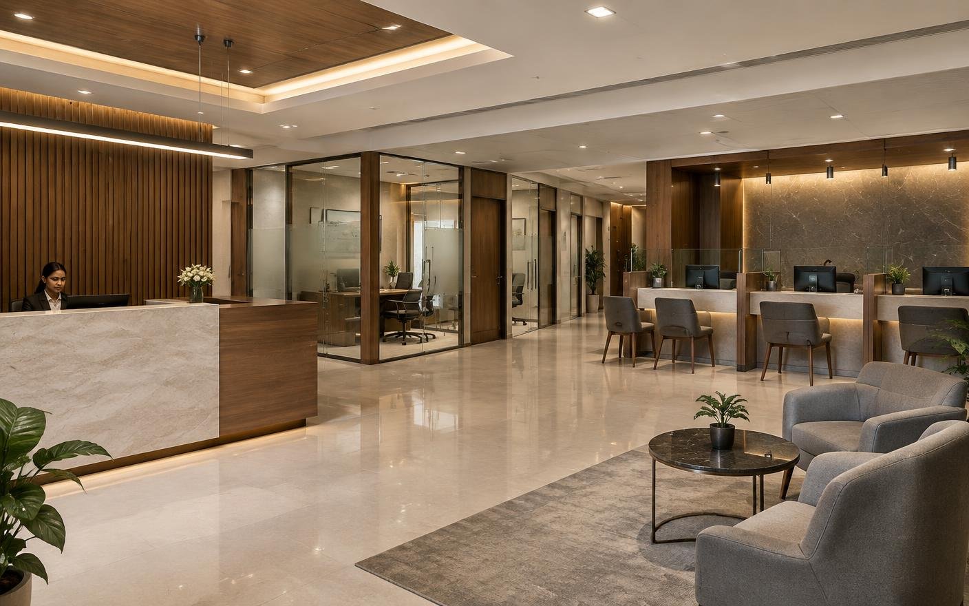 Concept visualization of a composed bank branch with reception and private consultation rooms