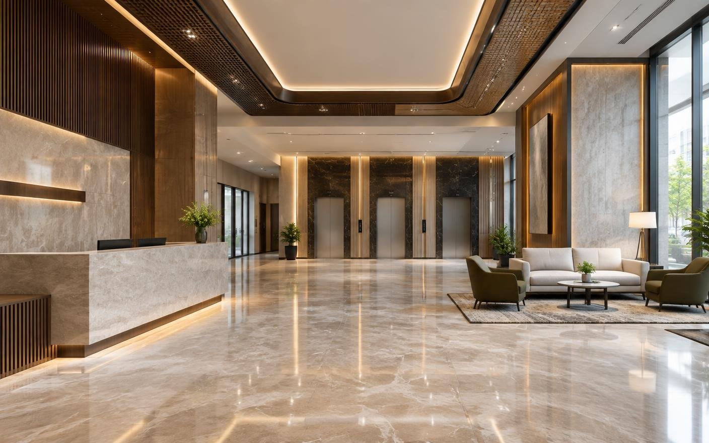Concept visualization of a contemporary commercial development lobby and lift core