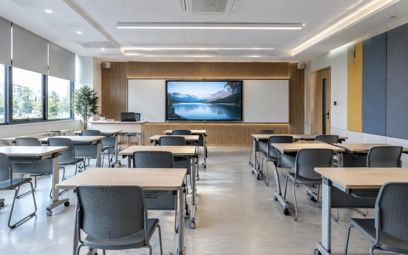 Concept visualization of a smart classroom with modular desks and integrated teaching display