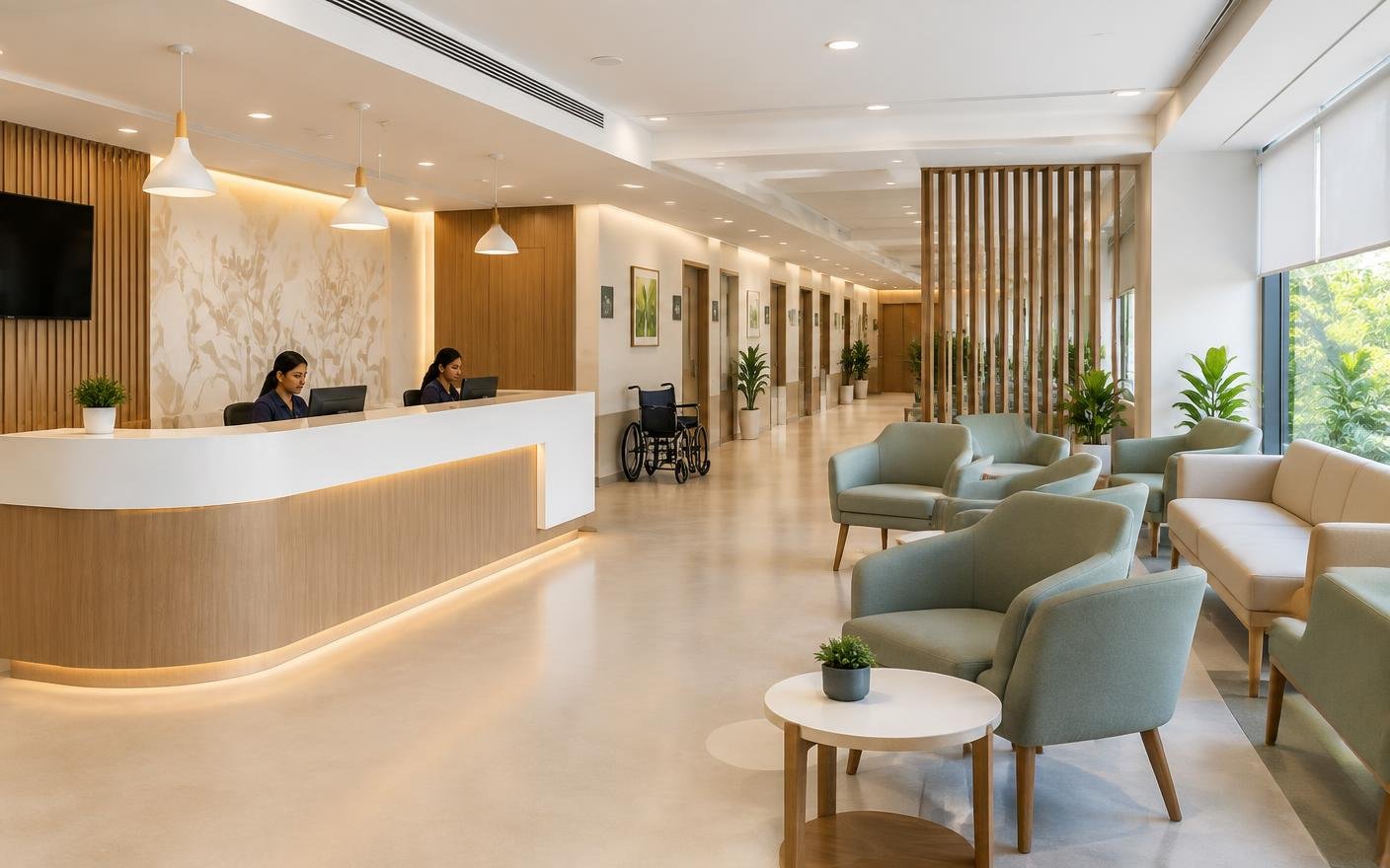 Concept visualization of a calm healthcare reception with accessible waiting area