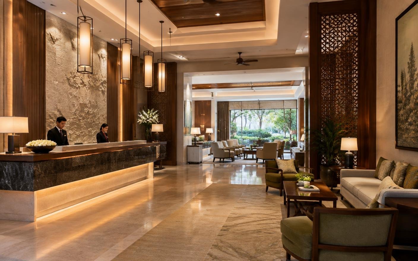 Concept visualization of an upscale hotel lobby with reception and lounge seating