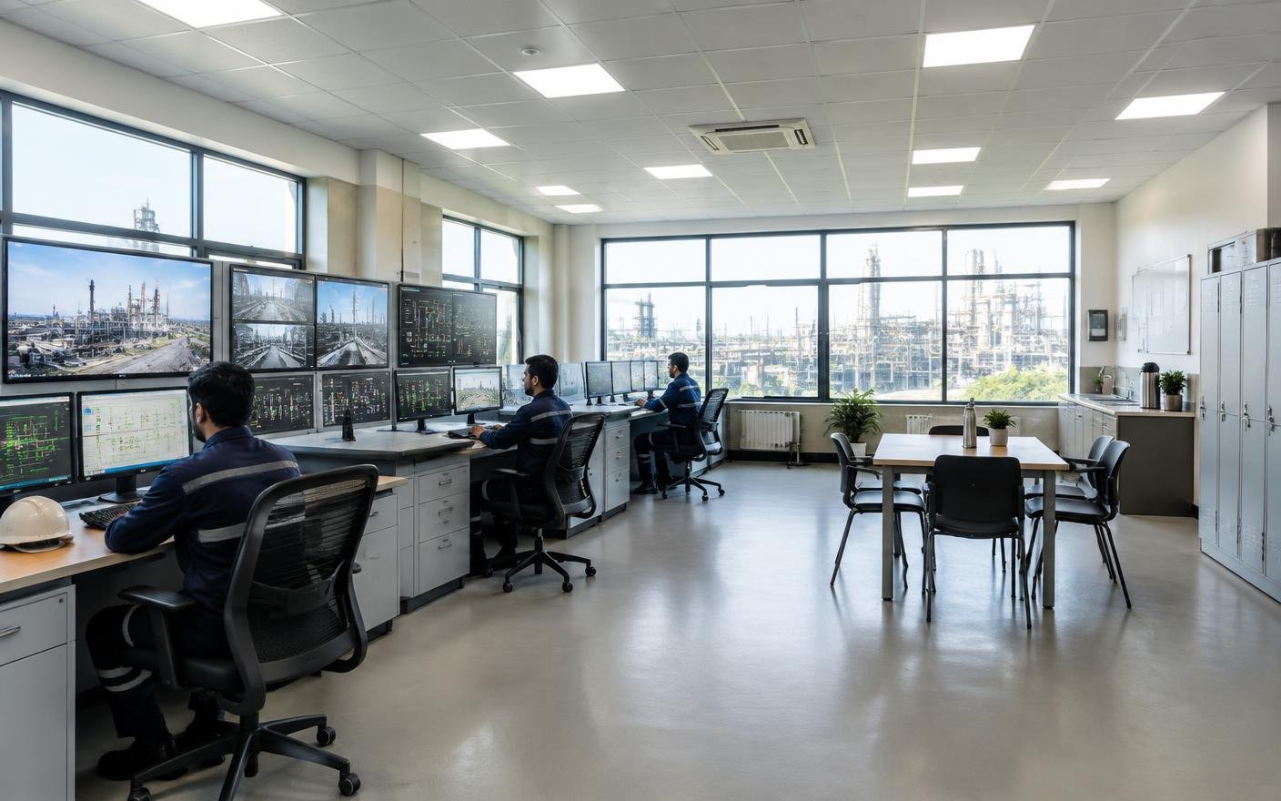 Concept visualization of an industrial control room with practical workstations and robust finishes