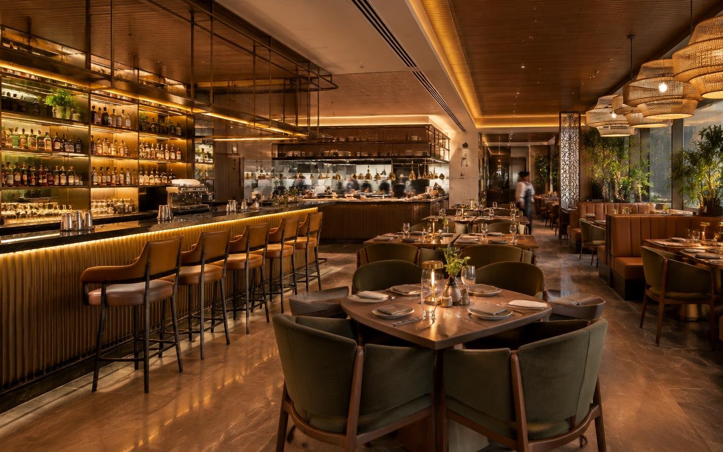 Concept visualization of a contemporary restaurant with bespoke bar and efficient dining layout