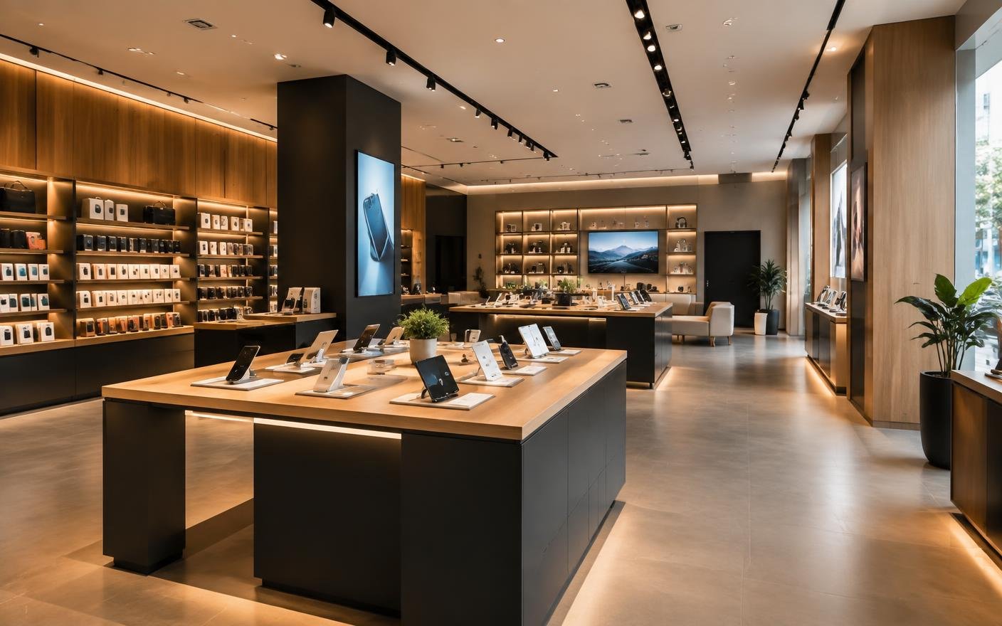 Concept visualization of a premium retail showroom with custom displays and accent lighting