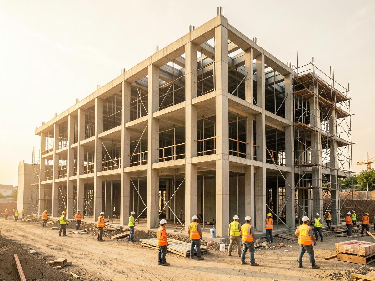 Industrial facility under construction with steel frame